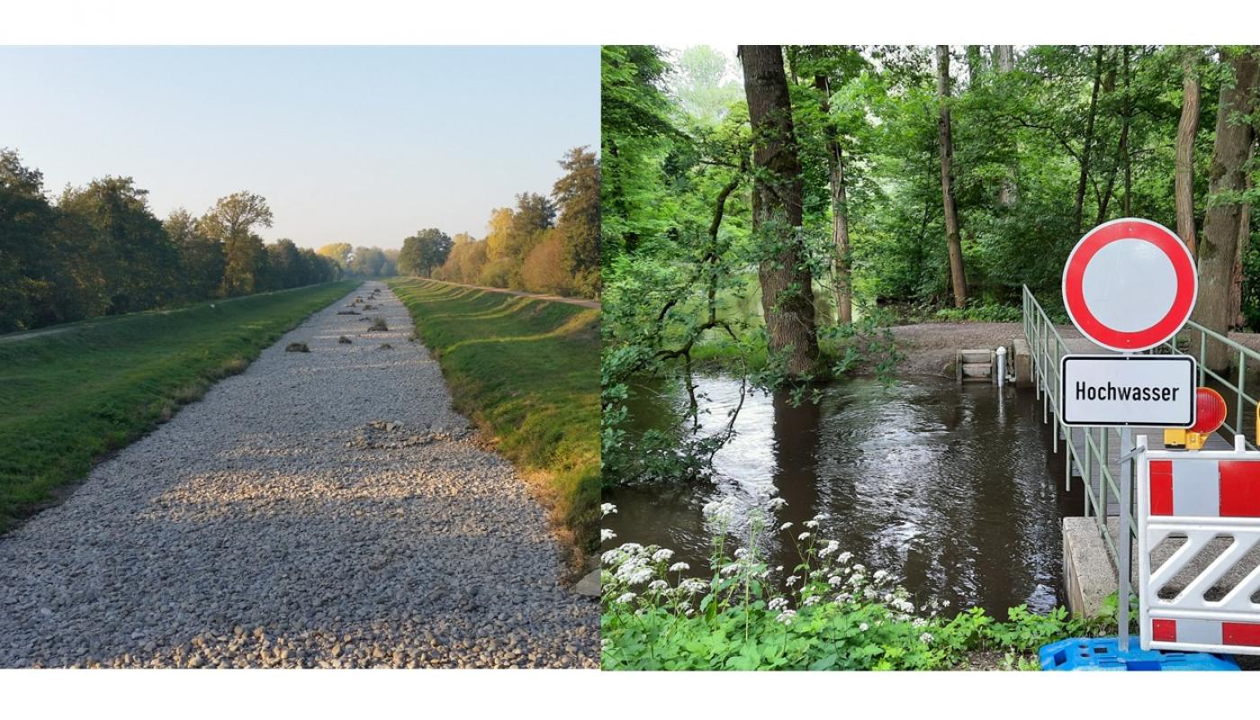 trockenes Flussbett und Hochwasser